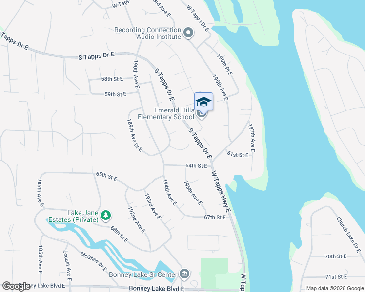 map of restaurants, bars, coffee shops, grocery stores, and more near 19017 63rd Street East in Lake Tapps