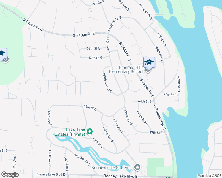map of restaurants, bars, coffee shops, grocery stores, and more near 6130 189th Avenue Court East in Lake Tapps