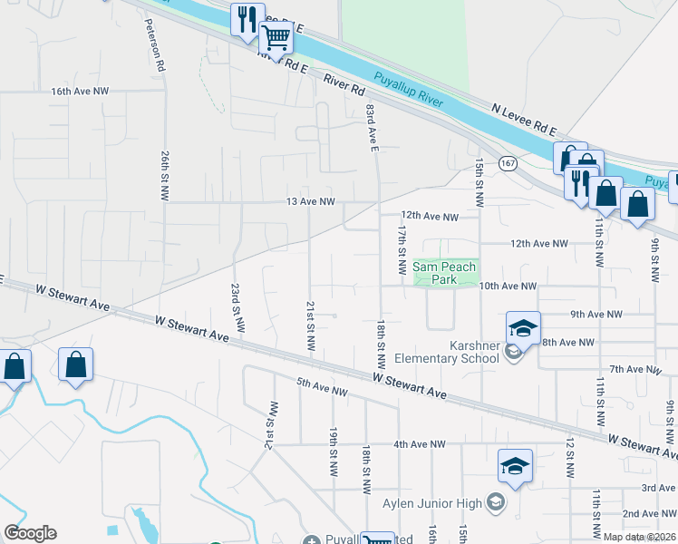 map of restaurants, bars, coffee shops, grocery stores, and more near 1019 20th Street Northwest in Puyallup