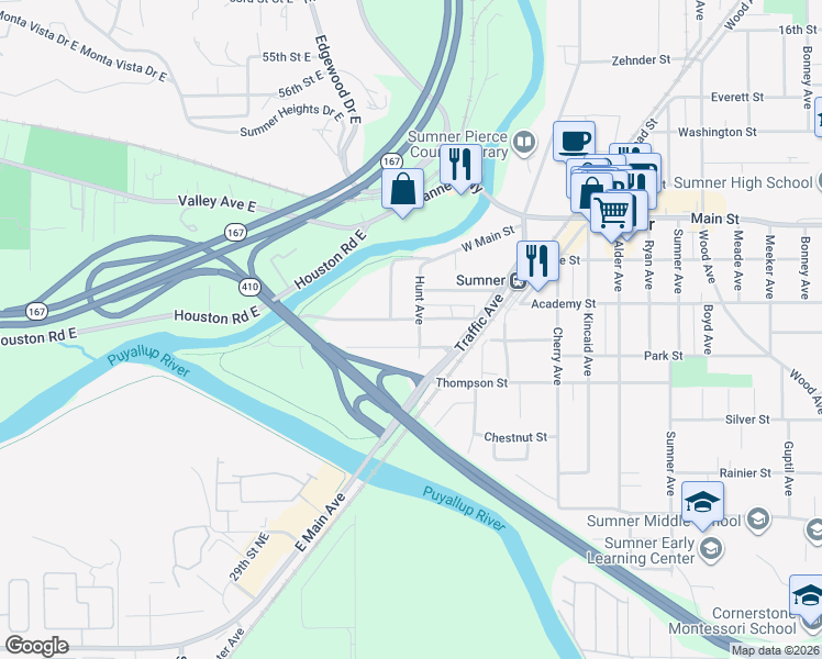 map of restaurants, bars, coffee shops, grocery stores, and more near 714 Hunt Avenue in Sumner