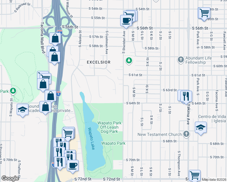 map of restaurants, bars, coffee shops, grocery stores, and more near 6150 South Cushman Avenue in Tacoma