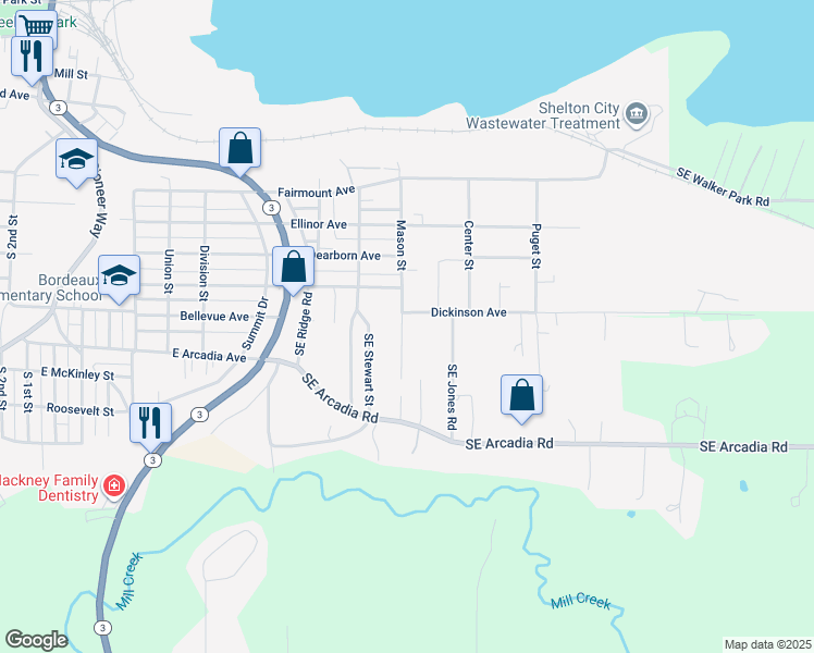 map of restaurants, bars, coffee shops, grocery stores, and more near 1718 Mason Street in Shelton