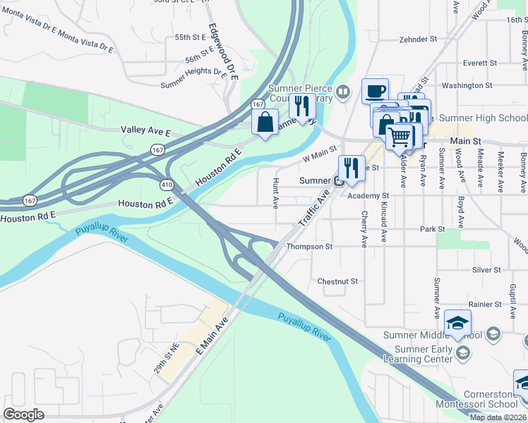map of restaurants, bars, coffee shops, grocery stores, and more near 714 Hunt Avenue in Sumner