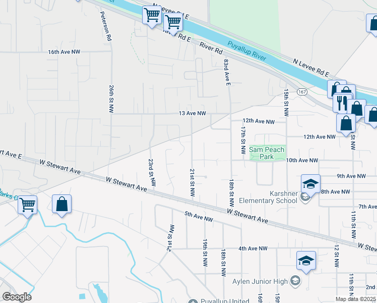 map of restaurants, bars, coffee shops, grocery stores, and more near 1014 Northwest 21st Street in Puyallup