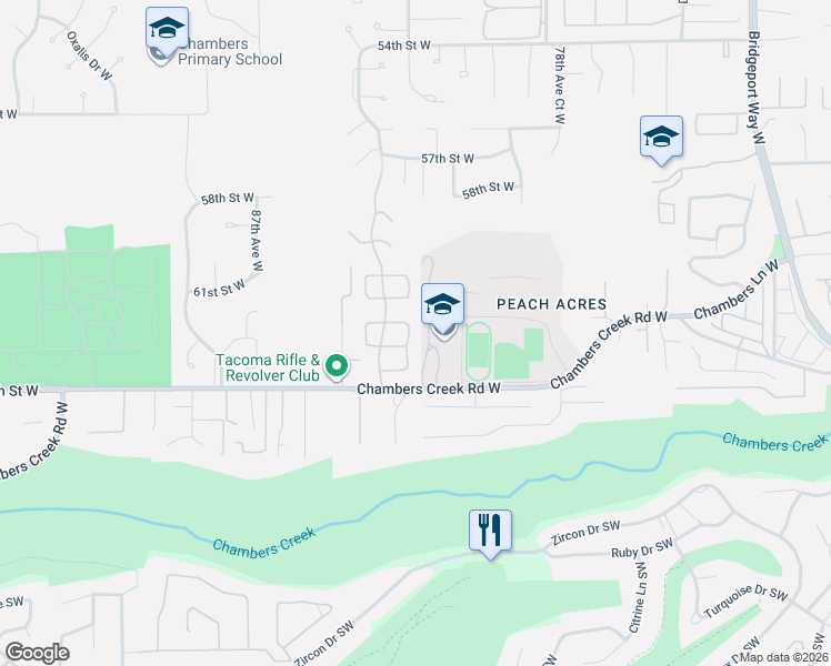 map of restaurants, bars, coffee shops, grocery stores, and more near 6215 83rd Avenue West in Tacoma
