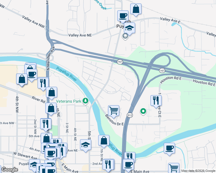 map of restaurants, bars, coffee shops, grocery stores, and more near 10908 62nd Street East in Puyallup