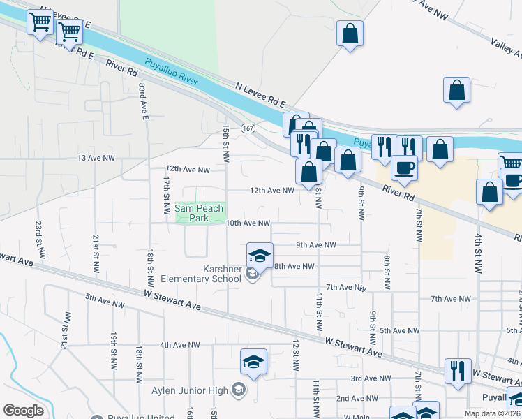 map of restaurants, bars, coffee shops, grocery stores, and more near 1315 10th Avenue Northwest in Puyallup