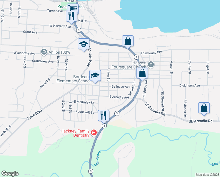 map of restaurants, bars, coffee shops, grocery stores, and more near 503 Bellevue Avenue in Shelton