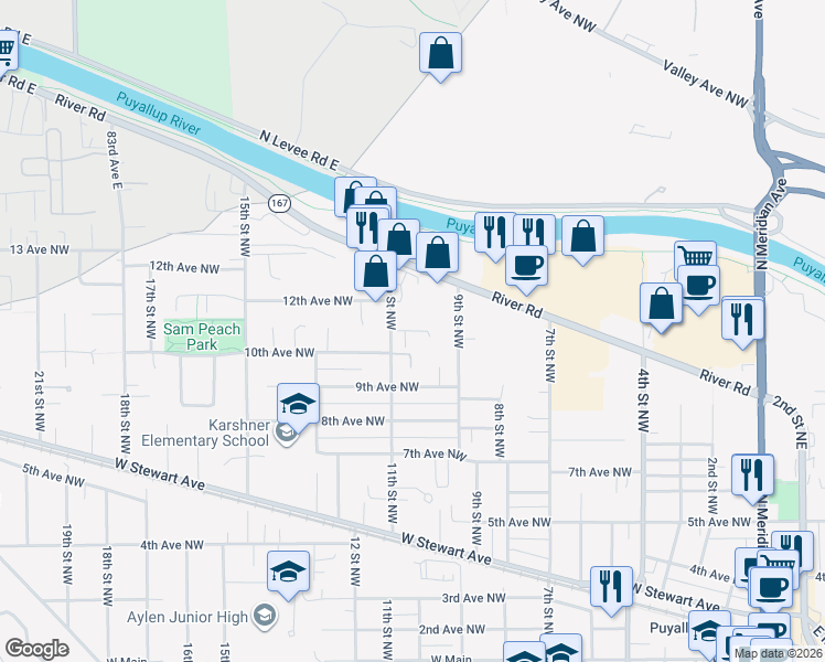 map of restaurants, bars, coffee shops, grocery stores, and more near 1006 11th Avenue Northwest in Puyallup