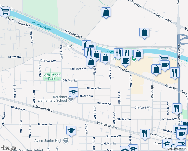 map of restaurants, bars, coffee shops, grocery stores, and more near 1016 11th Street Northwest in Puyallup