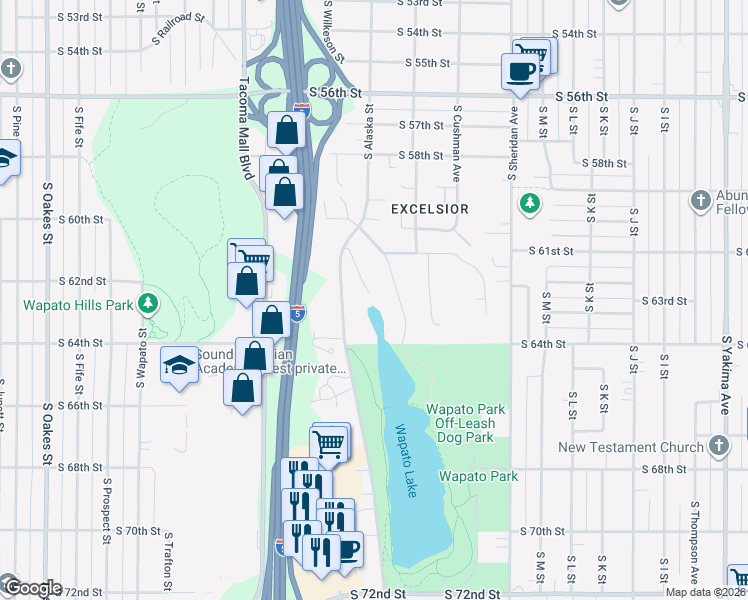 map of restaurants, bars, coffee shops, grocery stores, and more near 6063 South Asotin Court in Tacoma