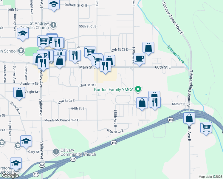 map of restaurants, bars, coffee shops, grocery stores, and more near 15711 63rd Street Court East in Sumner