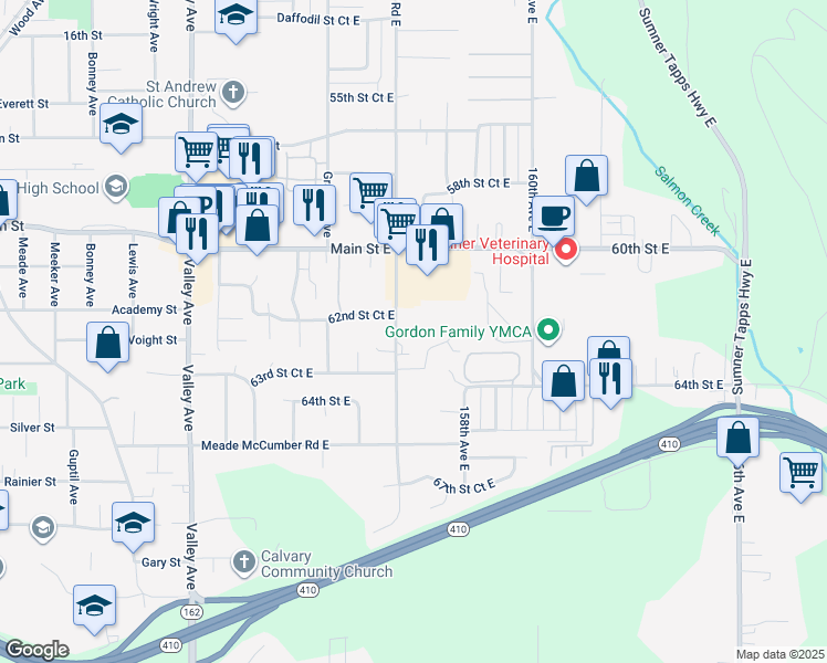 map of restaurants, bars, coffee shops, grocery stores, and more near 6211 Parker Road East in Sumner