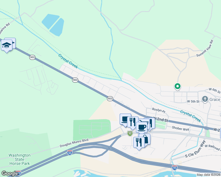 map of restaurants, bars, coffee shops, grocery stores, and more near Frankie Lane in Cle Elum