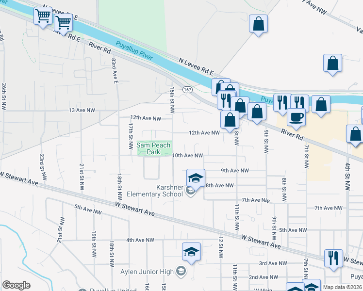 map of restaurants, bars, coffee shops, grocery stores, and more near 1016 14th St NW in Puyallup