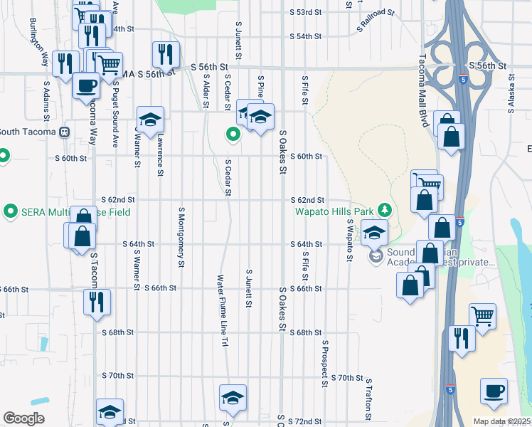 map of restaurants, bars, coffee shops, grocery stores, and more near 6213 South Pine Street in Tacoma