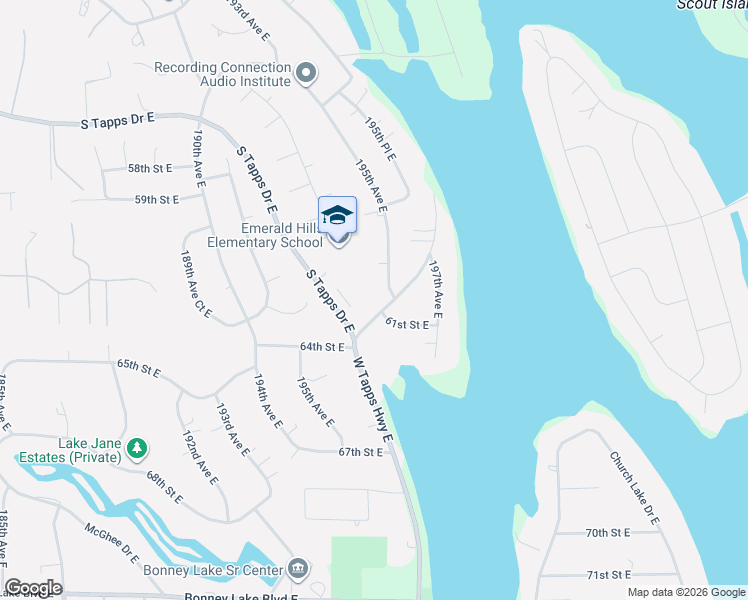 map of restaurants, bars, coffee shops, grocery stores, and more near 19422 West Tapps Drive East in Bonney Lake