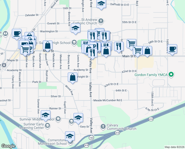 map of restaurants, bars, coffee shops, grocery stores, and more near 723 Valley Avenue in Sumner