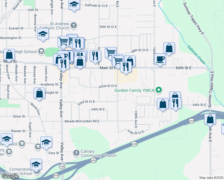 map of restaurants, bars, coffee shops, grocery stores, and more near 6210 Parker Road East in Sumner