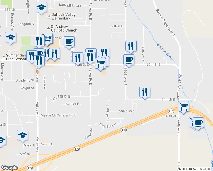 map of restaurants, bars, coffee shops, grocery stores, and more near 15717 63rd Street Court East in Sumner