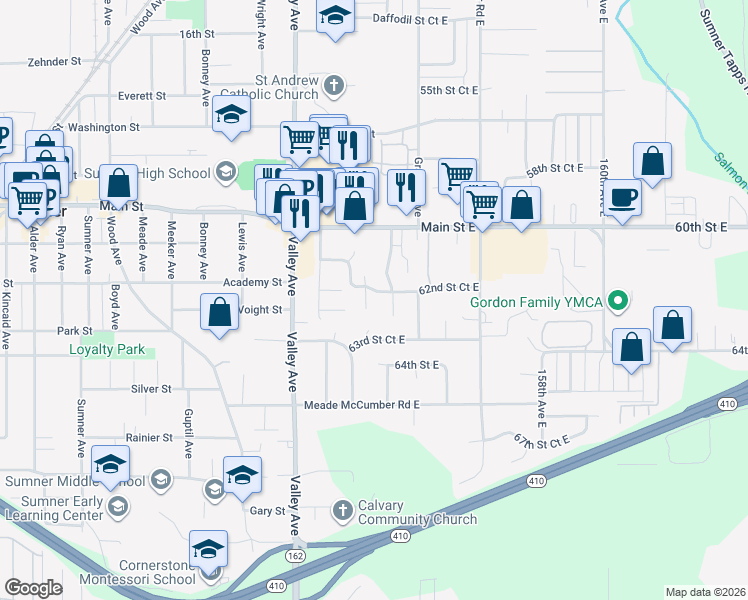 map of restaurants, bars, coffee shops, grocery stores, and more near 6205 152nd Avenue Court East in Sumner