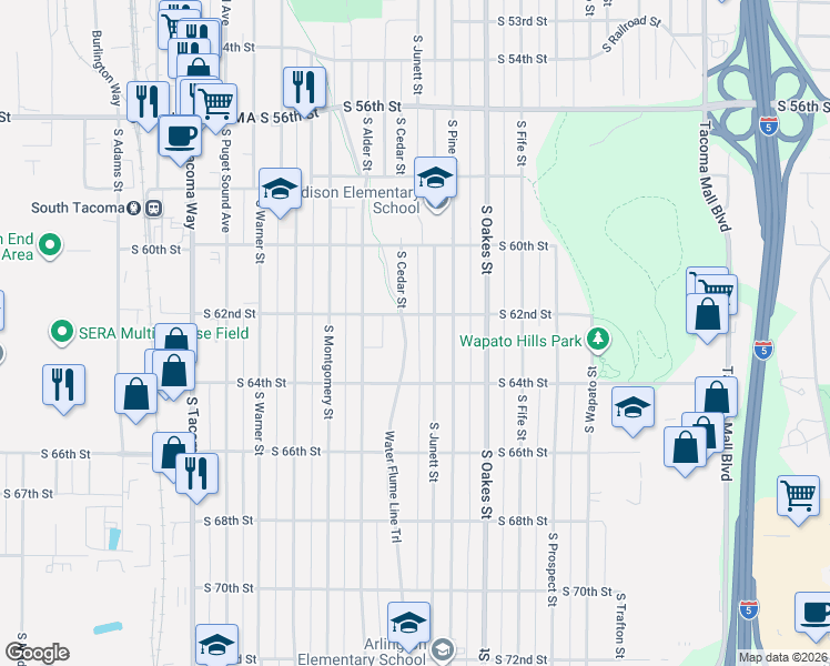 map of restaurants, bars, coffee shops, grocery stores, and more near 6209 South Clement Avenue in Tacoma