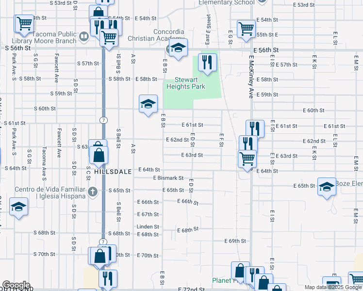 map of restaurants, bars, coffee shops, grocery stores, and more near 228 East 62nd Street in Tacoma