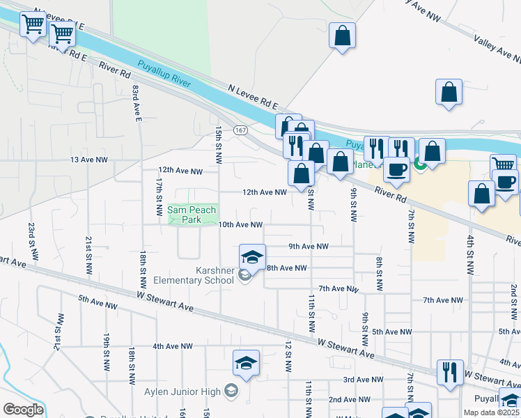 map of restaurants, bars, coffee shops, grocery stores, and more near 1311 10th Avenue Northwest in Puyallup