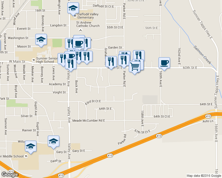 map of restaurants, bars, coffee shops, grocery stores, and more near 15506 62nd Street Court East in Sumner