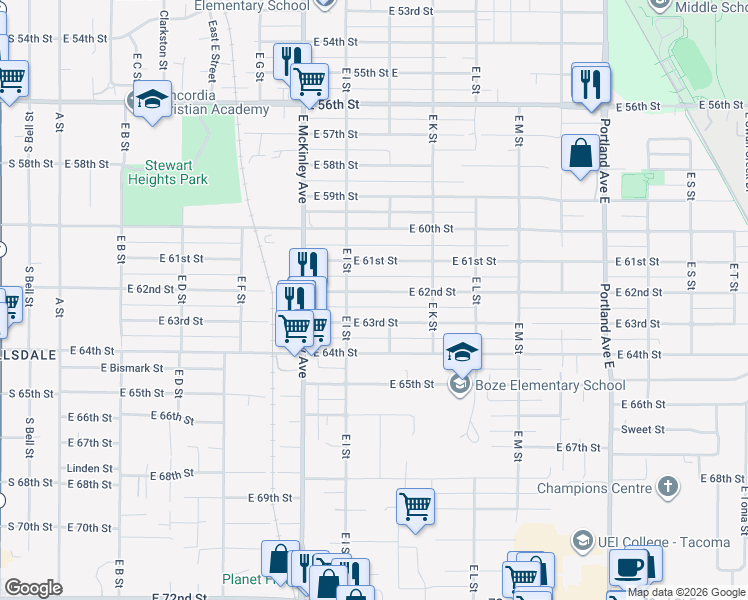 map of restaurants, bars, coffee shops, grocery stores, and more near 920 East 62nd Street in Tacoma