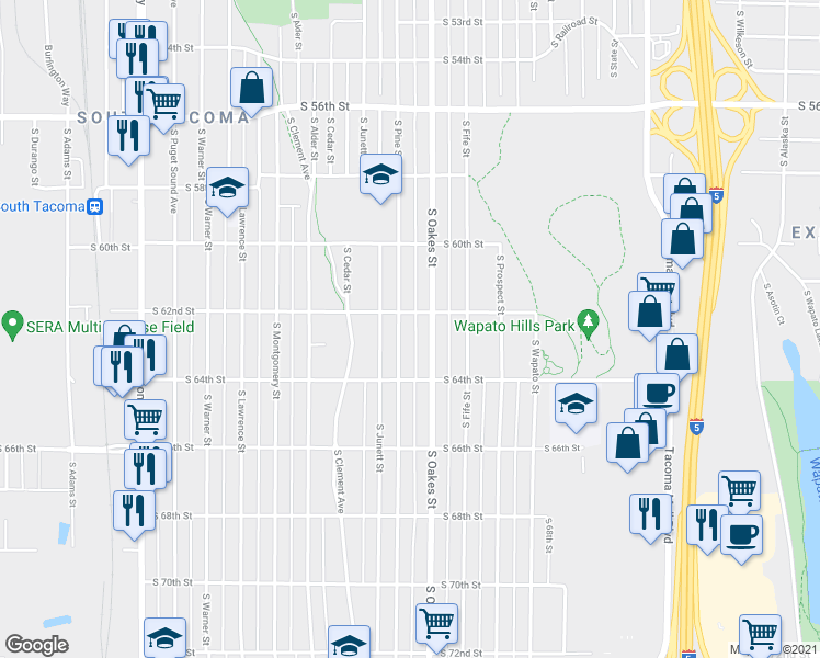 map of restaurants, bars, coffee shops, grocery stores, and more near 6213 South Pine Street in Tacoma
