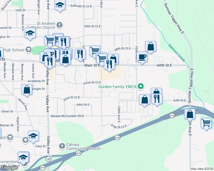 map of restaurants, bars, coffee shops, grocery stores, and more near 15711 63rd Street Court East in Sumner