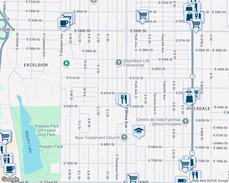 map of restaurants, bars, coffee shops, grocery stores, and more near 6136 South Thompson Avenue in Tacoma