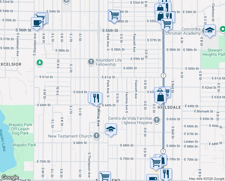 map of restaurants, bars, coffee shops, grocery stores, and more near 6133 South Park Avenue in Tacoma