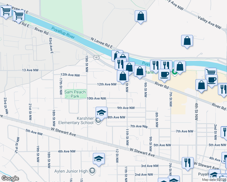 map of restaurants, bars, coffee shops, grocery stores, and more near 1017 13th Street Court Northwest in Puyallup