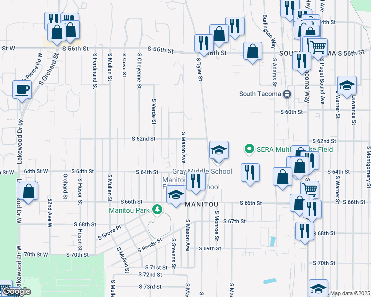 map of restaurants, bars, coffee shops, grocery stores, and more near 6215 South Mason Avenue in Tacoma