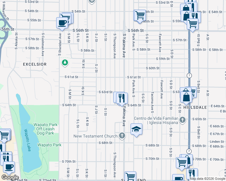 map of restaurants, bars, coffee shops, grocery stores, and more near 6136 South Thompson Avenue in Tacoma
