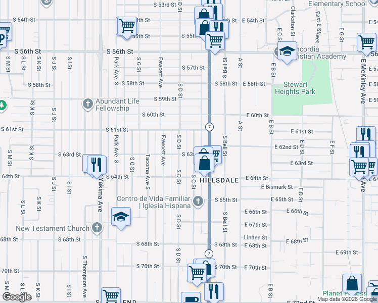map of restaurants, bars, coffee shops, grocery stores, and more near 301 South 63rd Street in Tacoma