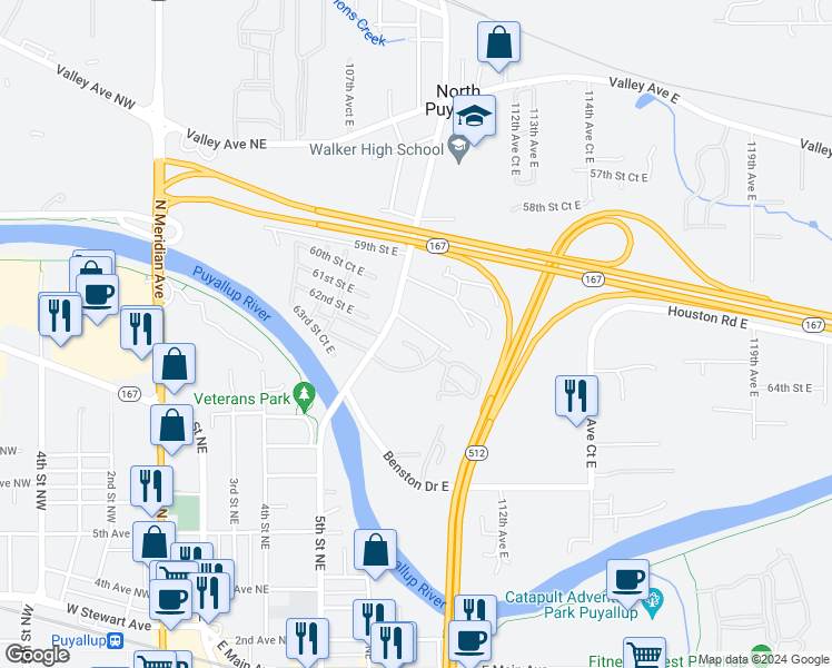 map of restaurants, bars, coffee shops, grocery stores, and more near 10915 62nd Street East in Puyallup