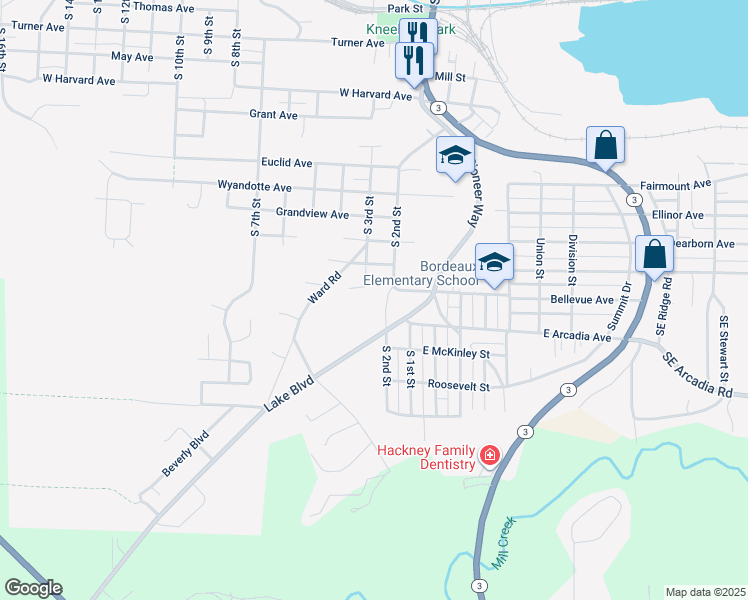 map of restaurants, bars, coffee shops, grocery stores, and more near 1704 South 2nd Street in Shelton