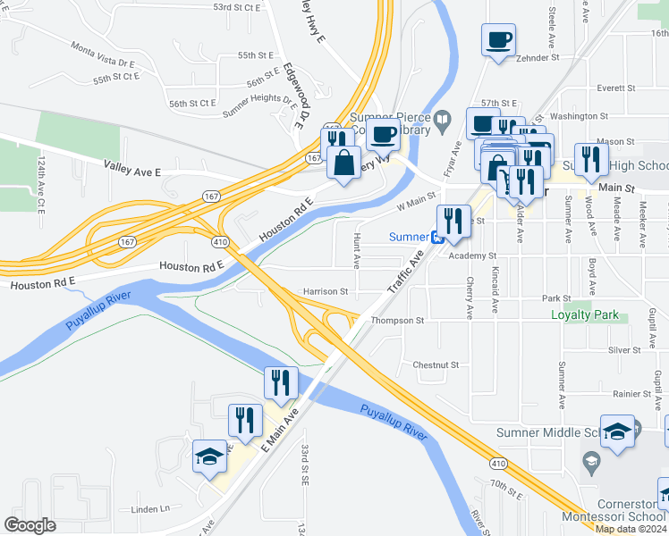 map of restaurants, bars, coffee shops, grocery stores, and more near 501 State Street in Sumner
