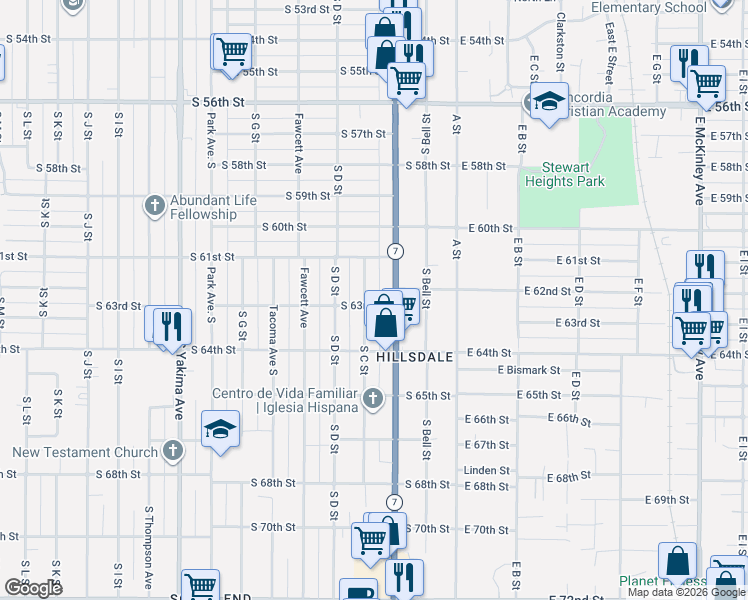 map of restaurants, bars, coffee shops, grocery stores, and more near 6133 South C Street in Tacoma