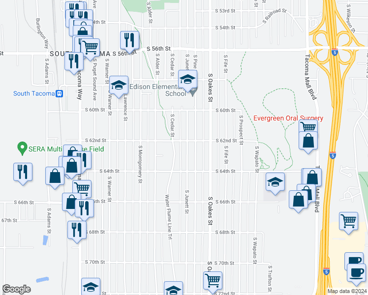 map of restaurants, bars, coffee shops, grocery stores, and more near 6212 South Junett Street in Tacoma