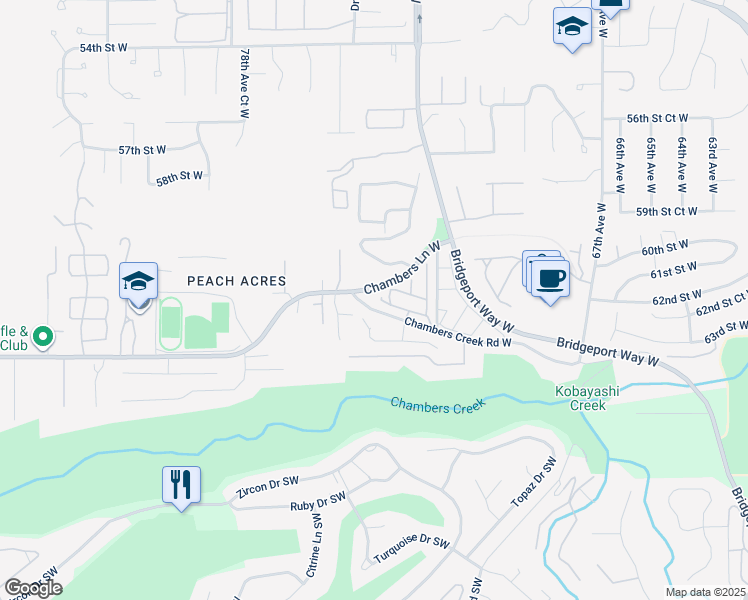 map of restaurants, bars, coffee shops, grocery stores, and more near 7415 Chambers Creek Road West in University Place