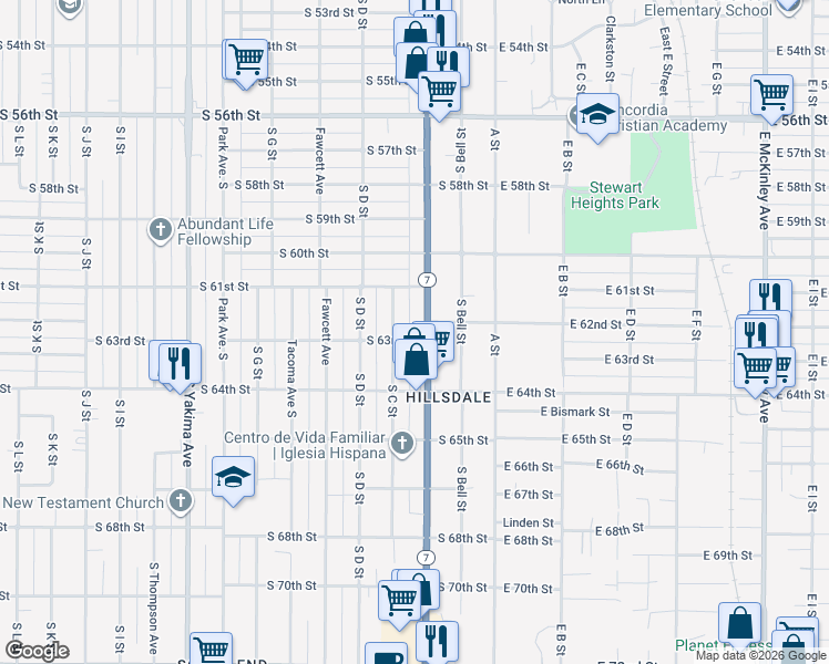 map of restaurants, bars, coffee shops, grocery stores, and more near 207 South 63rd Street in Tacoma