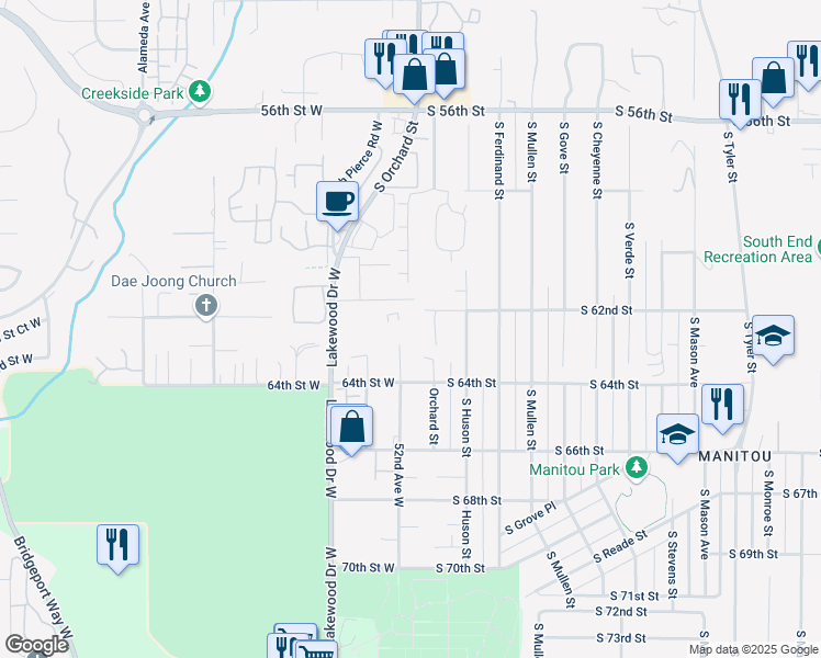 map of restaurants, bars, coffee shops, grocery stores, and more near 5102 South 62nd Street in Tacoma