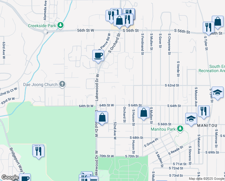 map of restaurants, bars, coffee shops, grocery stores, and more near 6224 52nd Avenue West in University Place