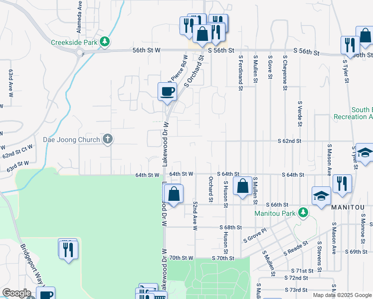 map of restaurants, bars, coffee shops, grocery stores, and more near 6224 52nd Avenue West in University Place