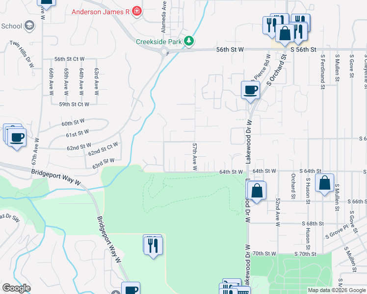 map of restaurants, bars, coffee shops, grocery stores, and more near 5710 62nd Street West in Tacoma