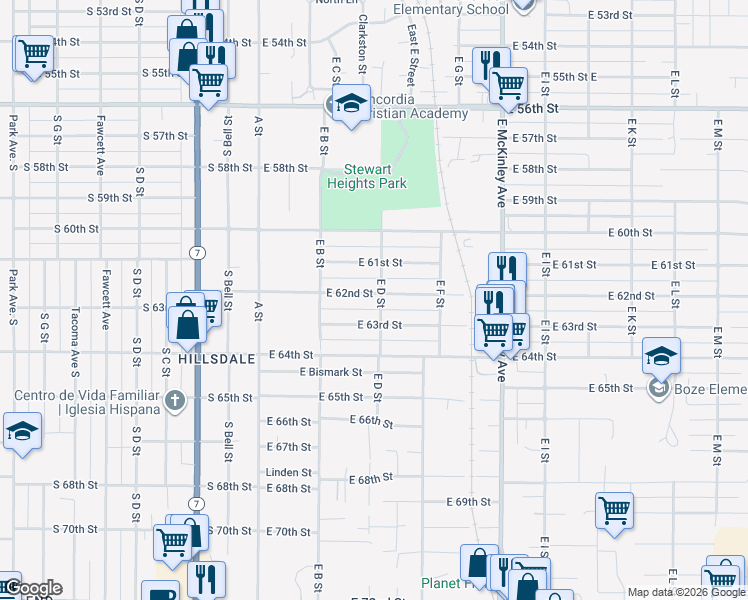map of restaurants, bars, coffee shops, grocery stores, and more near 228 East 62nd Street in Tacoma